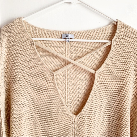 TOBI Don’t Let Me Down Oatmeal Knit Sweater Dress Open Criss Cross Medium M - Picture 3 of 8